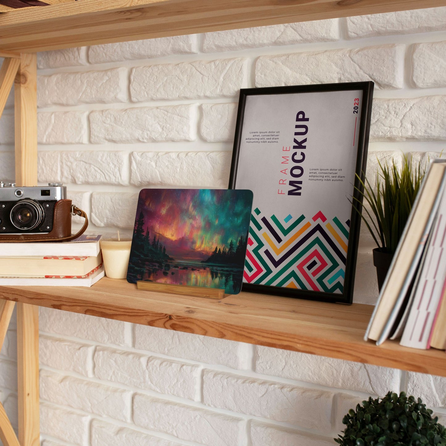 Aurora Landscape Metal Photo Plaque – Horizontal Tabletop Art with Wooden Base – Home & Office Decoration