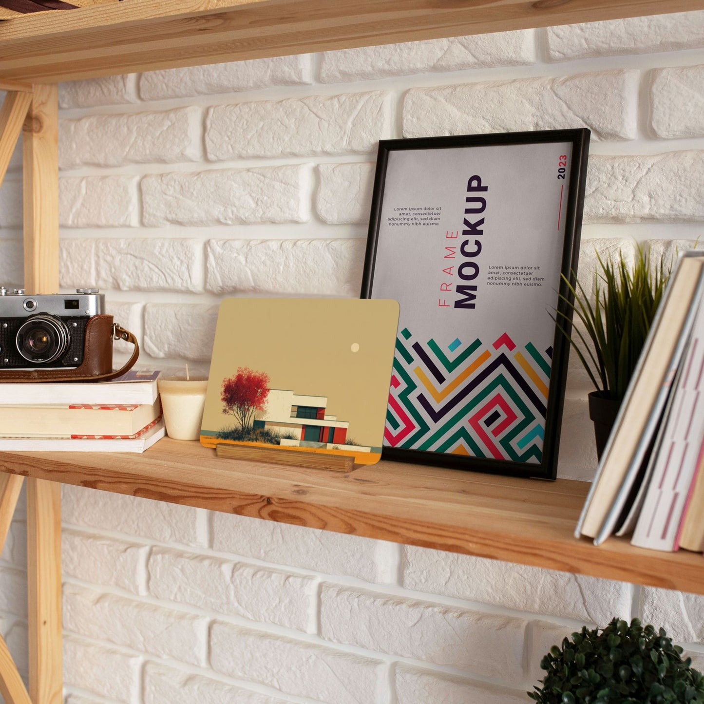 Horizontal Modern Metal Photo Display with Wooden Stand – Minimalist Tabletop Art Decor for Home & Office
