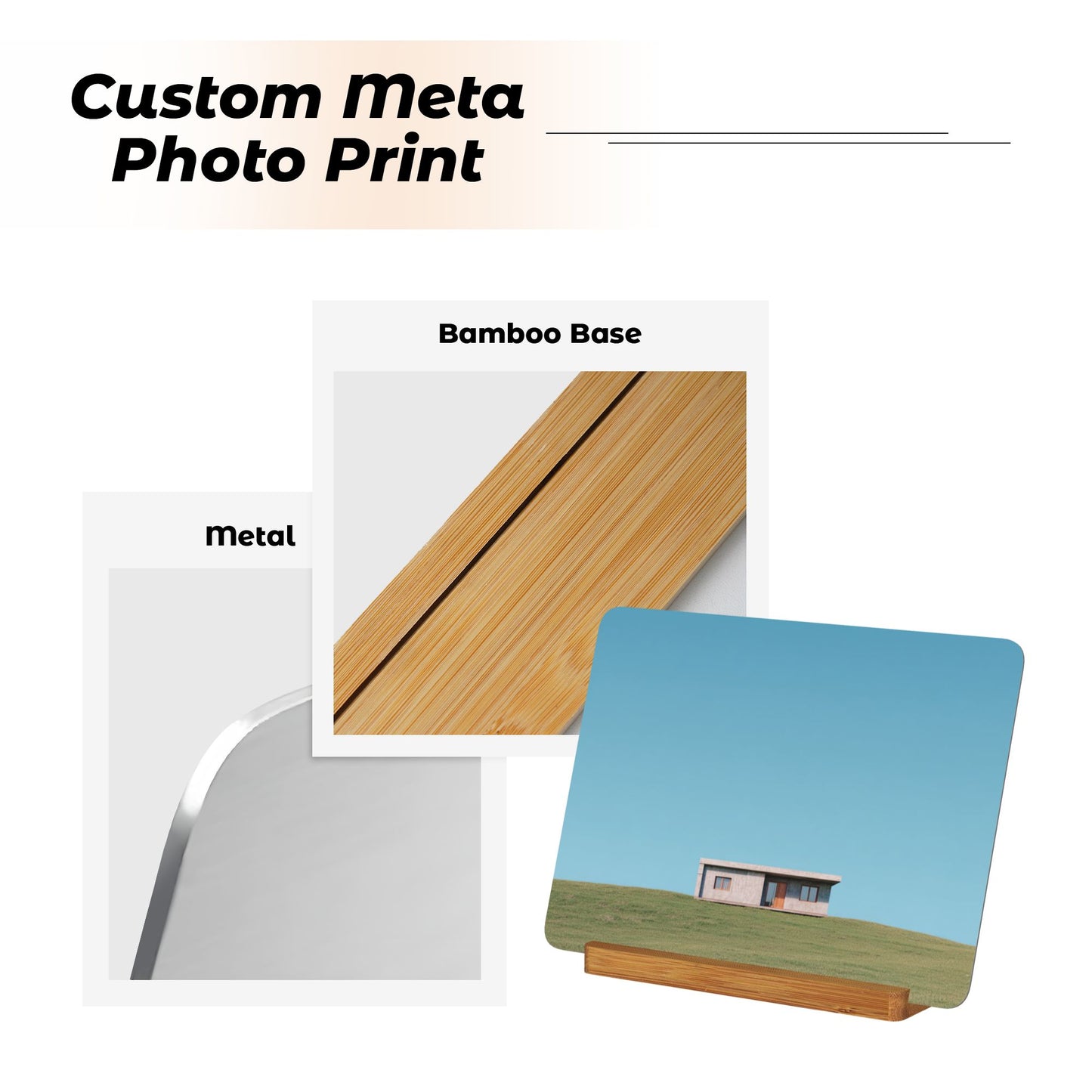 Minimalist Landscape Metal Photo Display – Horizontal Aluminum Print with Wooden Stand for Desk or Shelf Decor
