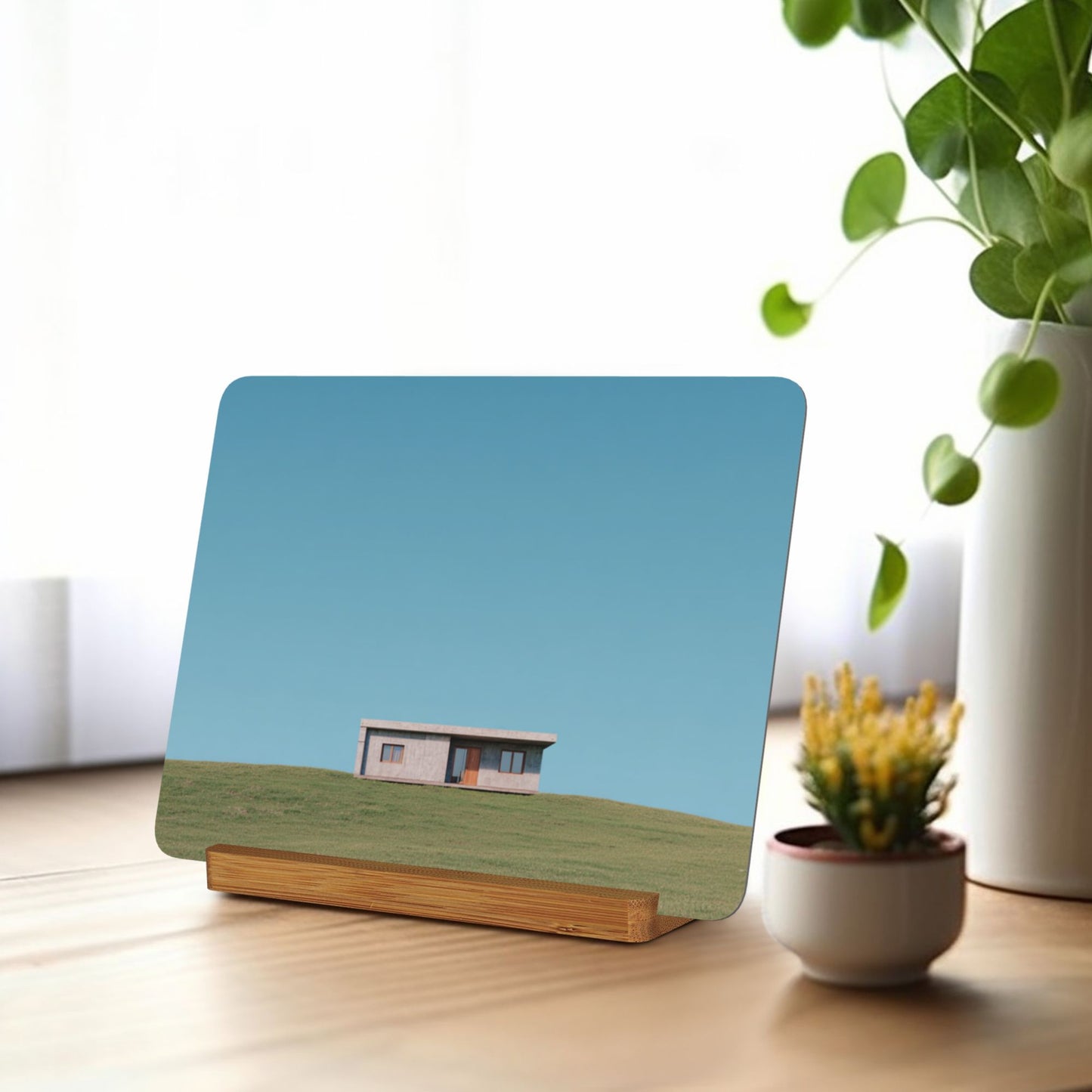 Minimalist Landscape Metal Photo Display – Horizontal Aluminum Print with Wooden Stand for Desk or Shelf Decor
