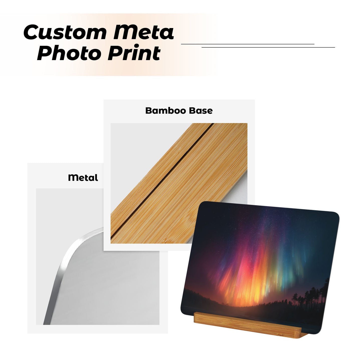 Aurora Nightscape Metal Photo Display – Horizontal Aluminum Print with Wooden Stand for Desk & Home Decor