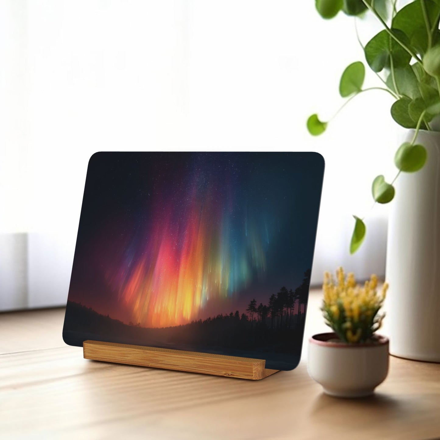 Aurora Nightscape Metal Photo Display – Horizontal Aluminum Print with Wooden Stand for Desk & Home Decor