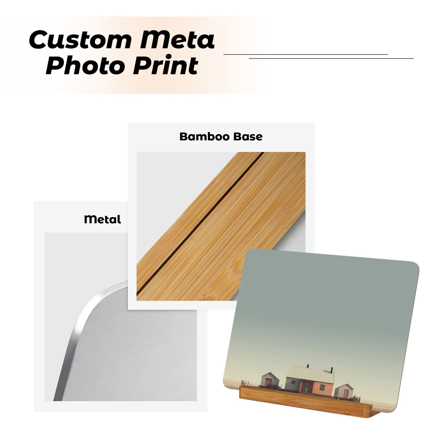 Minimalist Farmhouse Landscape – Horizontal Metal Photo Plaque with Wooden Stand, Desktop Decor