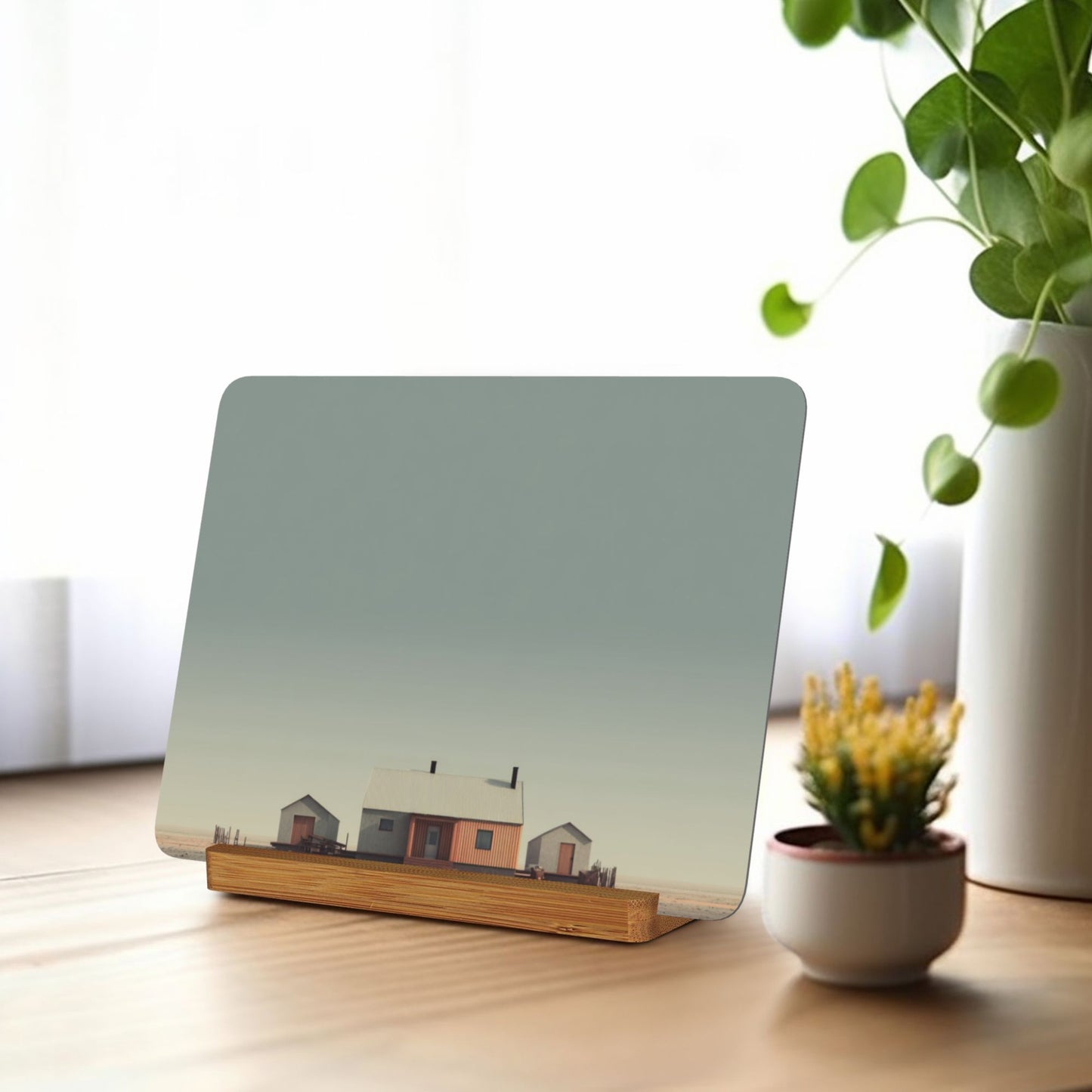 Minimalist Farmhouse Landscape – Horizontal Metal Photo Plaque with Wooden Stand, Desktop Decor