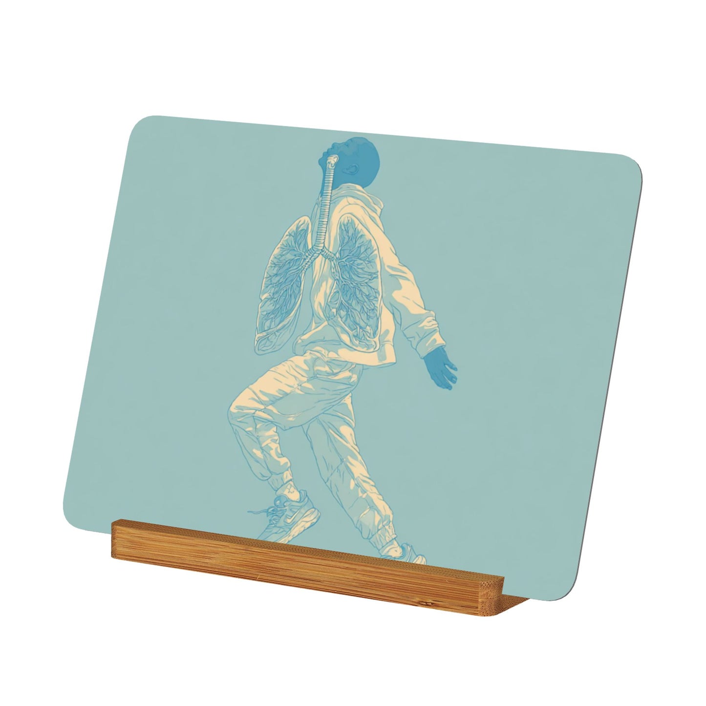 Illustrated Figure Metal Photo Display – Horizontal Aluminum Art Print with Wooden Stand, Creative Desktop Decor