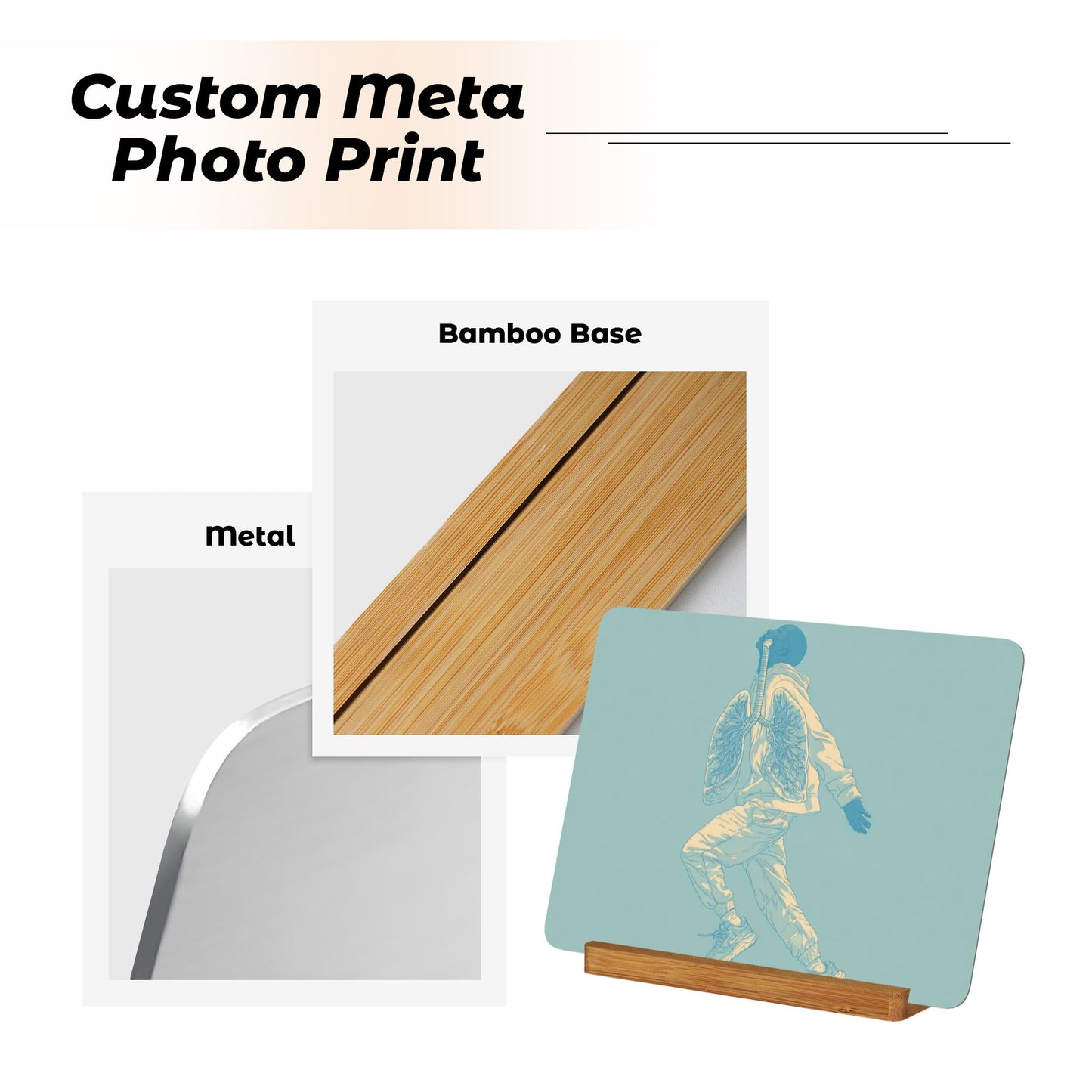 Illustrated Figure Metal Photo Display – Horizontal Aluminum Art Print with Wooden Stand, Creative Desktop Decor