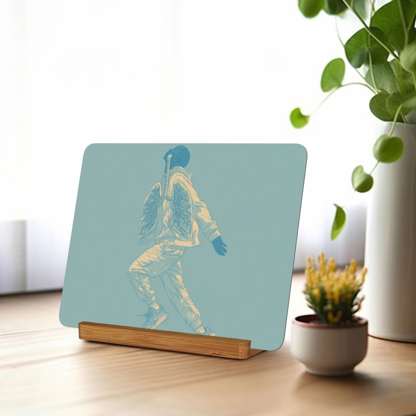 Illustrated Figure Metal Photo Display – Horizontal Aluminum Art Print with Wooden Stand, Creative Desktop Decor
