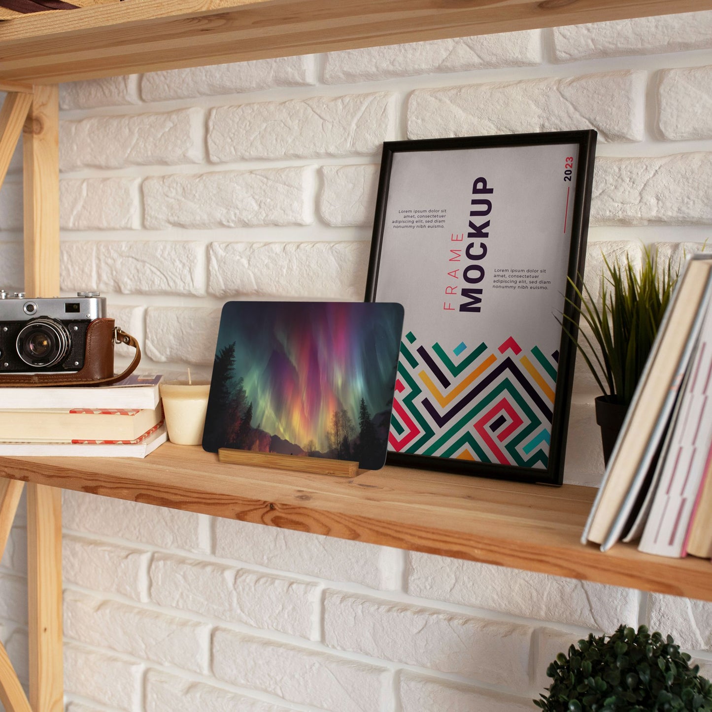 Dreamy Aurora Landscape – Horizontal Metal Photo Plaque with Solid Wood Base, Tabletop Art Decor