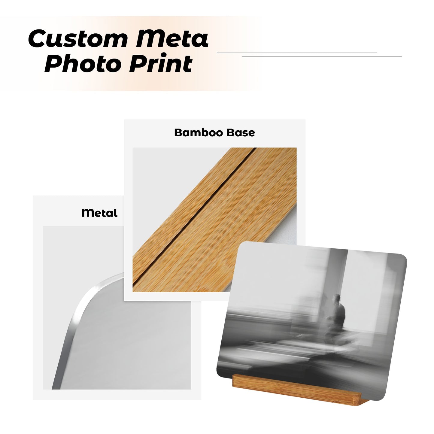 Abstract Motion Blur Black & White Metal Photo Display – Horizontal Matte Aluminum Print with Wooden Stand
