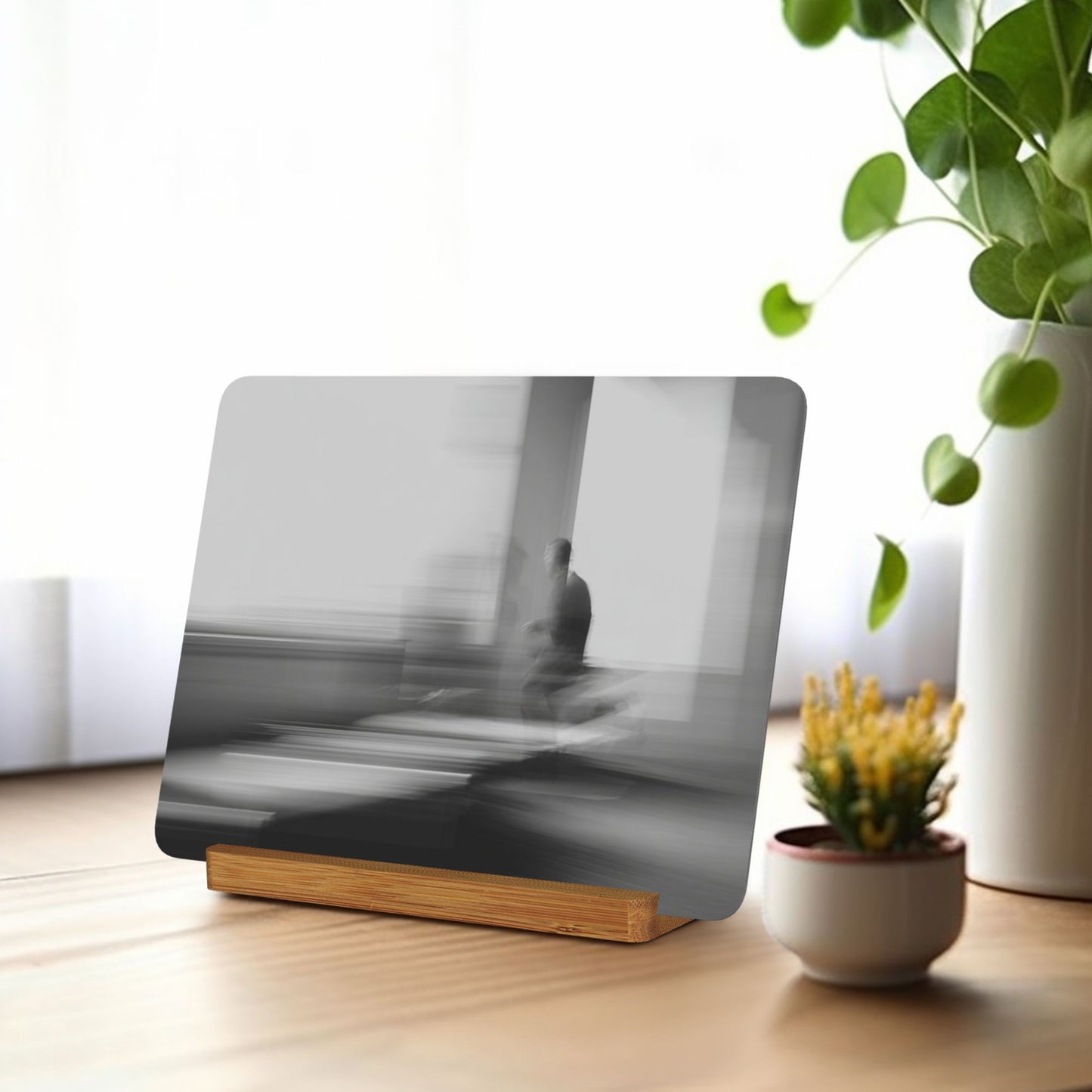 Abstract Motion Blur Black & White Metal Photo Display – Horizontal Matte Aluminum Print with Wooden Stand
