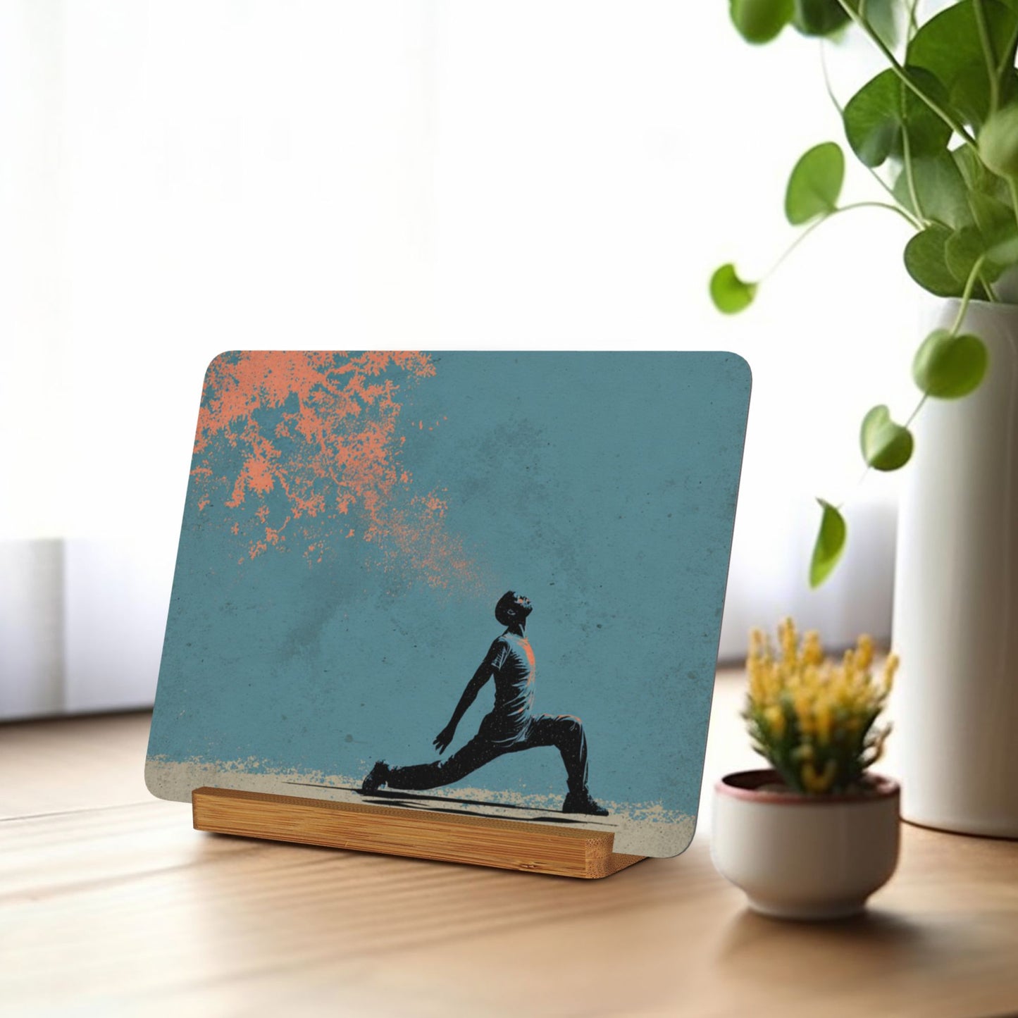 Graffiti Style Figure Metal Photo Display – Horizontal Matte Aluminum Art Print with Wooden Stand, Urban Desk Decor