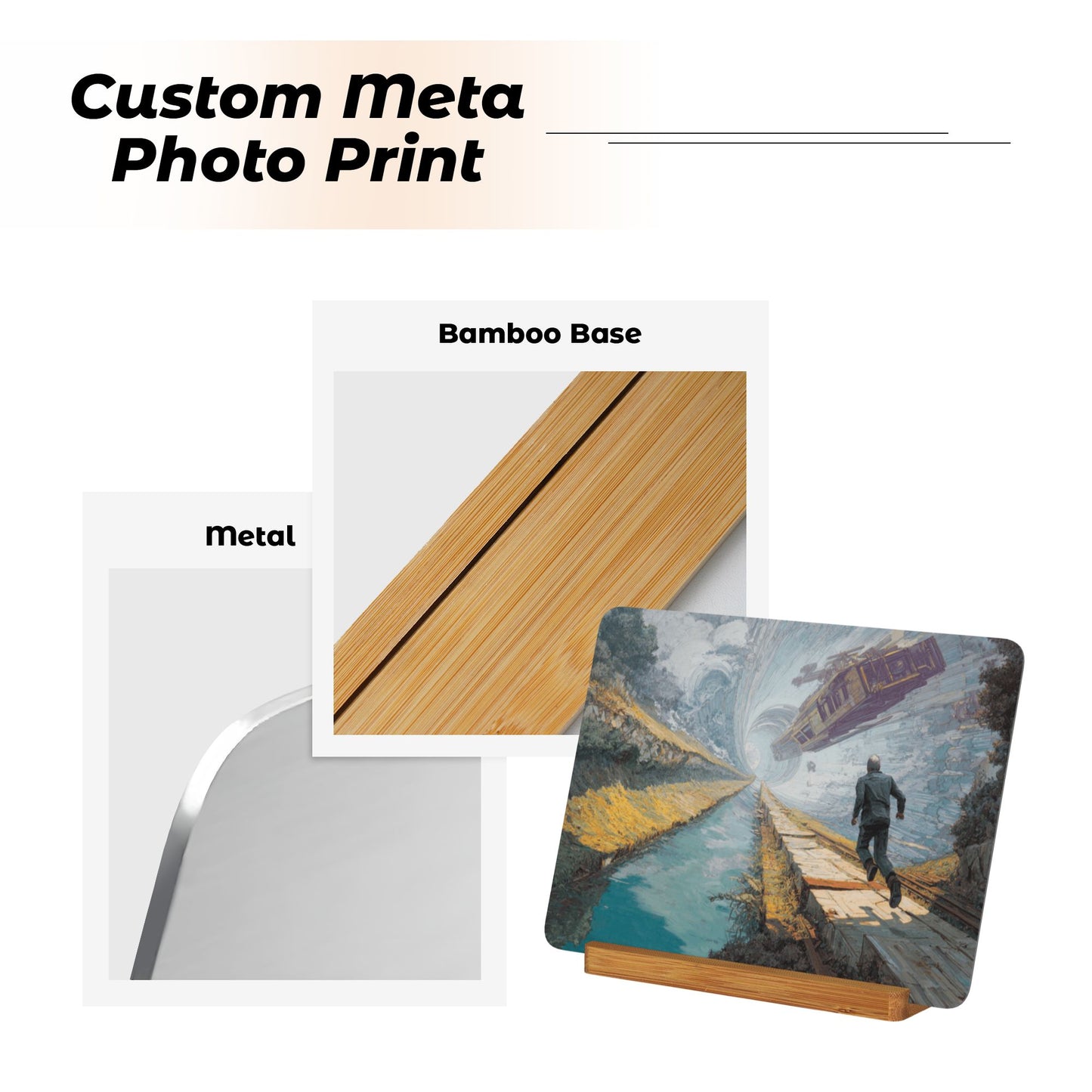 Surreal Time-Tunnel Metal Photo Display – Horizontal Fantasy Aluminum Art Print with Wooden Stand, Sci-Fi Decor