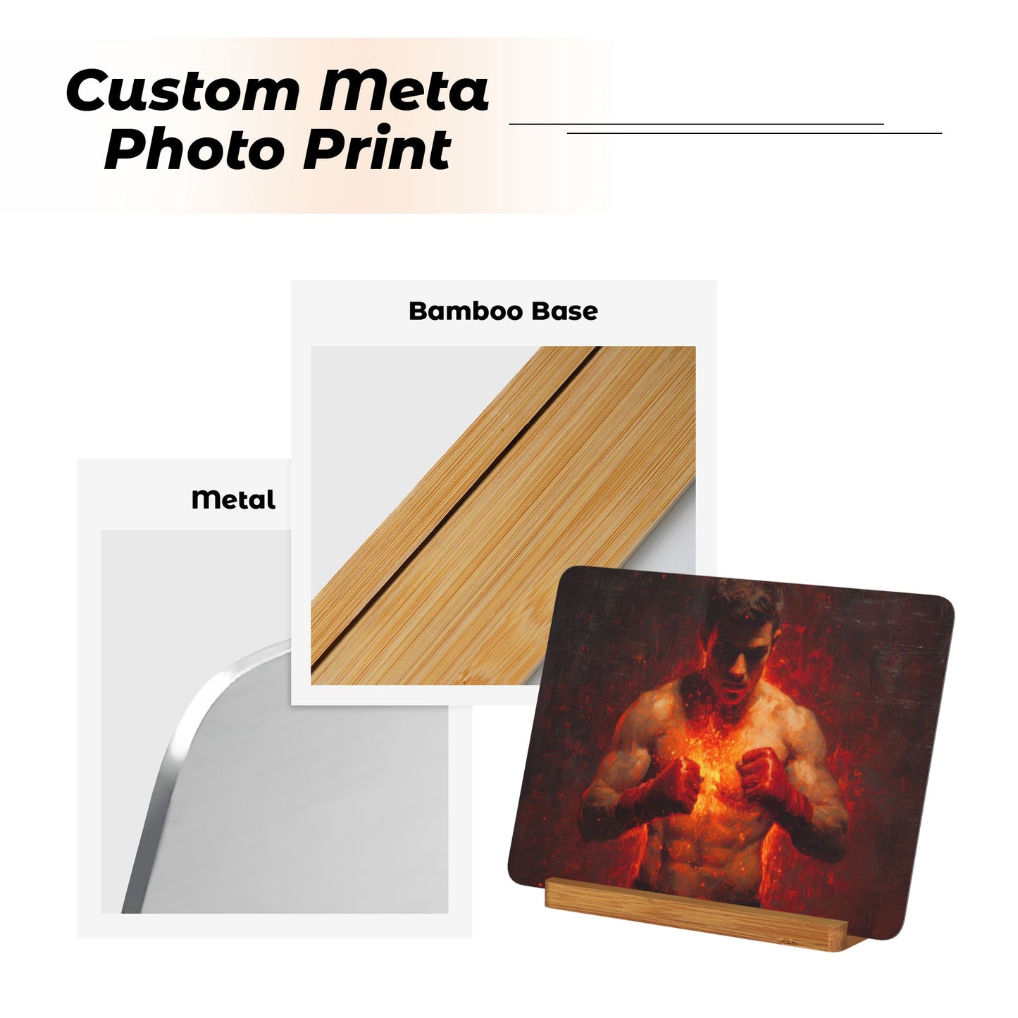 Flaming Boxer Metal Photo Display – Horizontal Aluminum Motivational Art Print with Wooden Stand, Strength & Power Decor