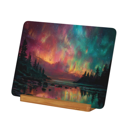 Aurora Landscape Metal Photo Plaque – Horizontal Tabletop Art with Wooden Base – Home & Office Decoration