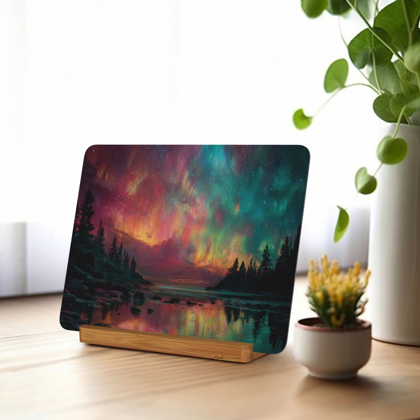 Aurora Landscape Metal Photo Plaque – Horizontal Tabletop Art with Wooden Base – Home & Office Decoration