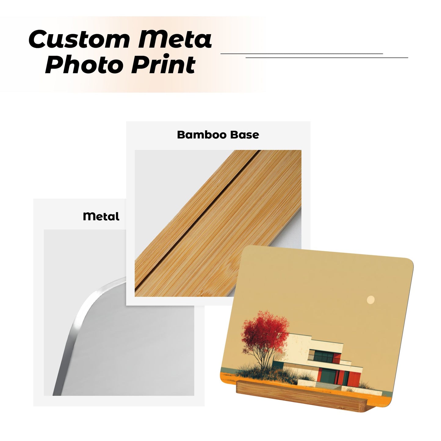 Horizontal Modern Metal Photo Display with Wooden Stand – Minimalist Tabletop Art Decor for Home & Office