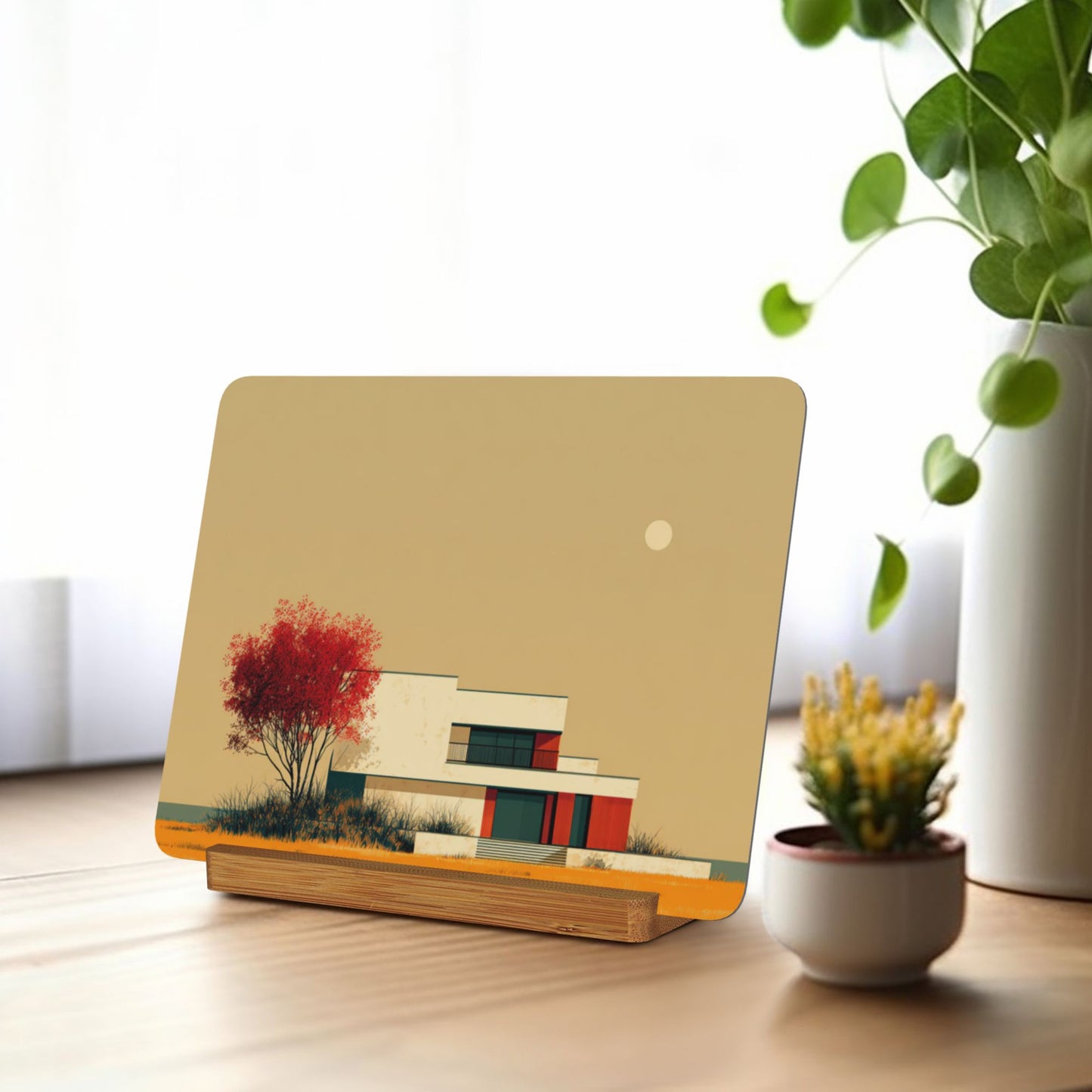 Horizontal Modern Metal Photo Display with Wooden Stand – Minimalist Tabletop Art Decor for Home & Office