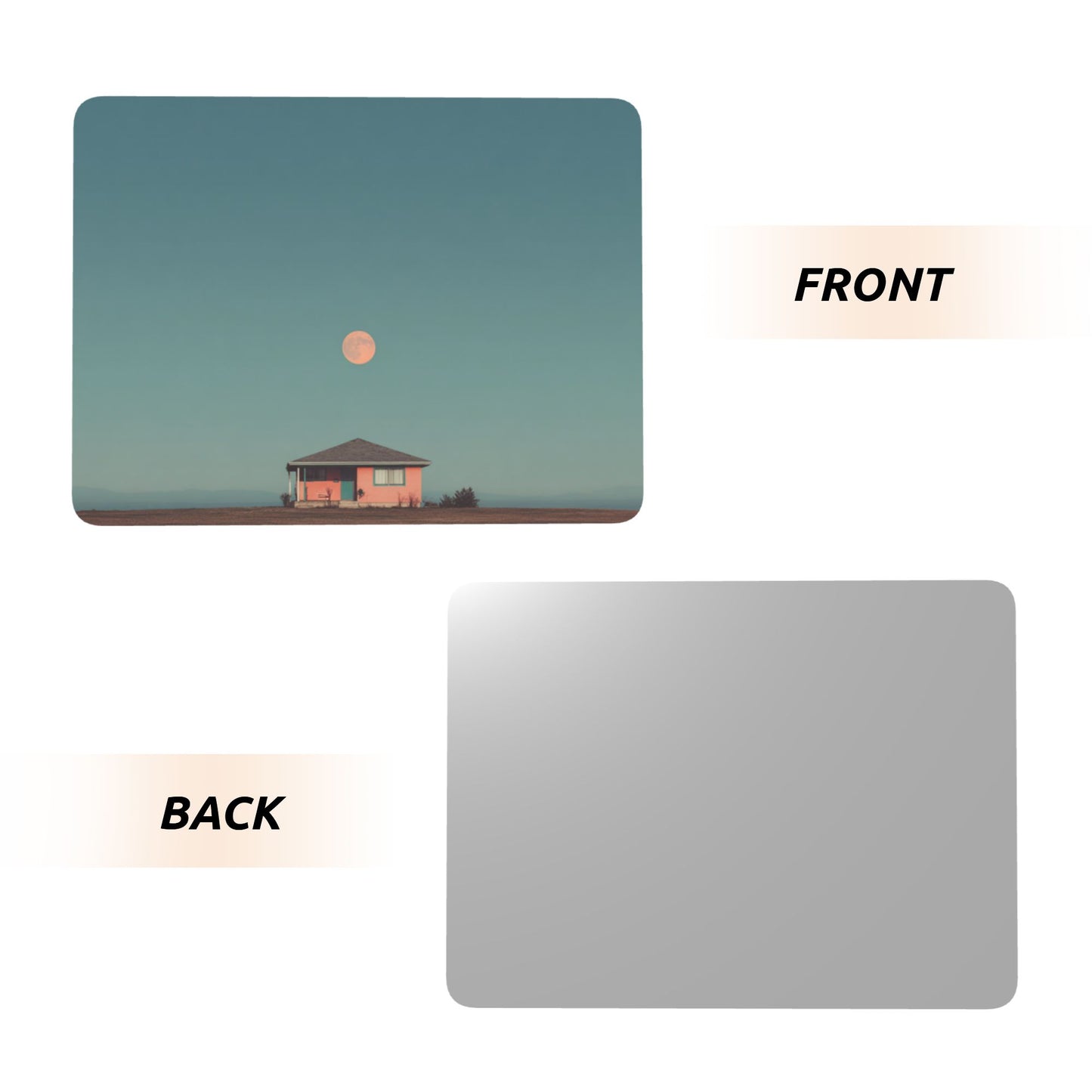 Pink House Under the Moon – Horizontal Metal Photo Plaque with Wooden Stand, Minimalist Tabletop Display