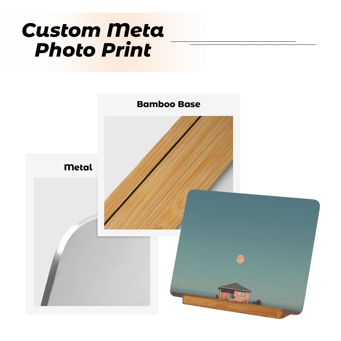 Pink House Under the Moon – Horizontal Metal Photo Plaque with Wooden Stand, Minimalist Tabletop Display