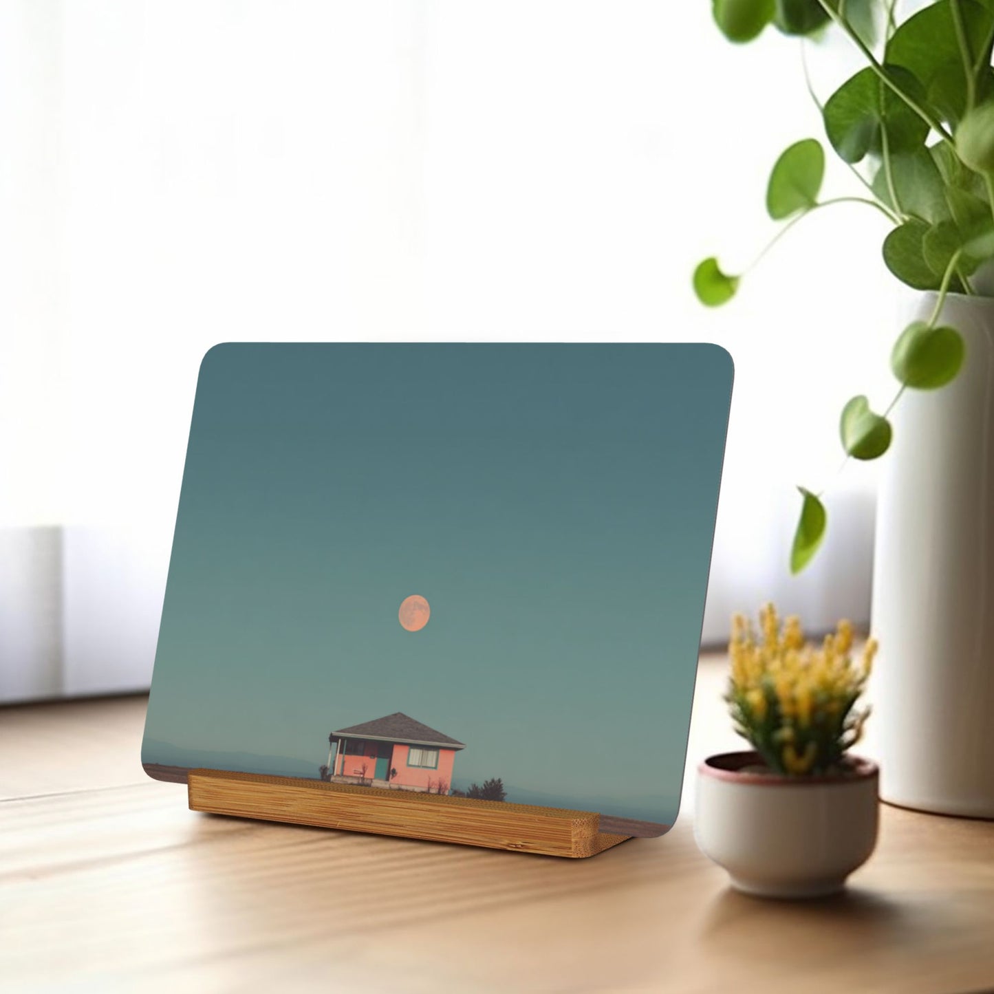 Pink House Under the Moon – Horizontal Metal Photo Plaque with Wooden Stand, Minimalist Tabletop Display