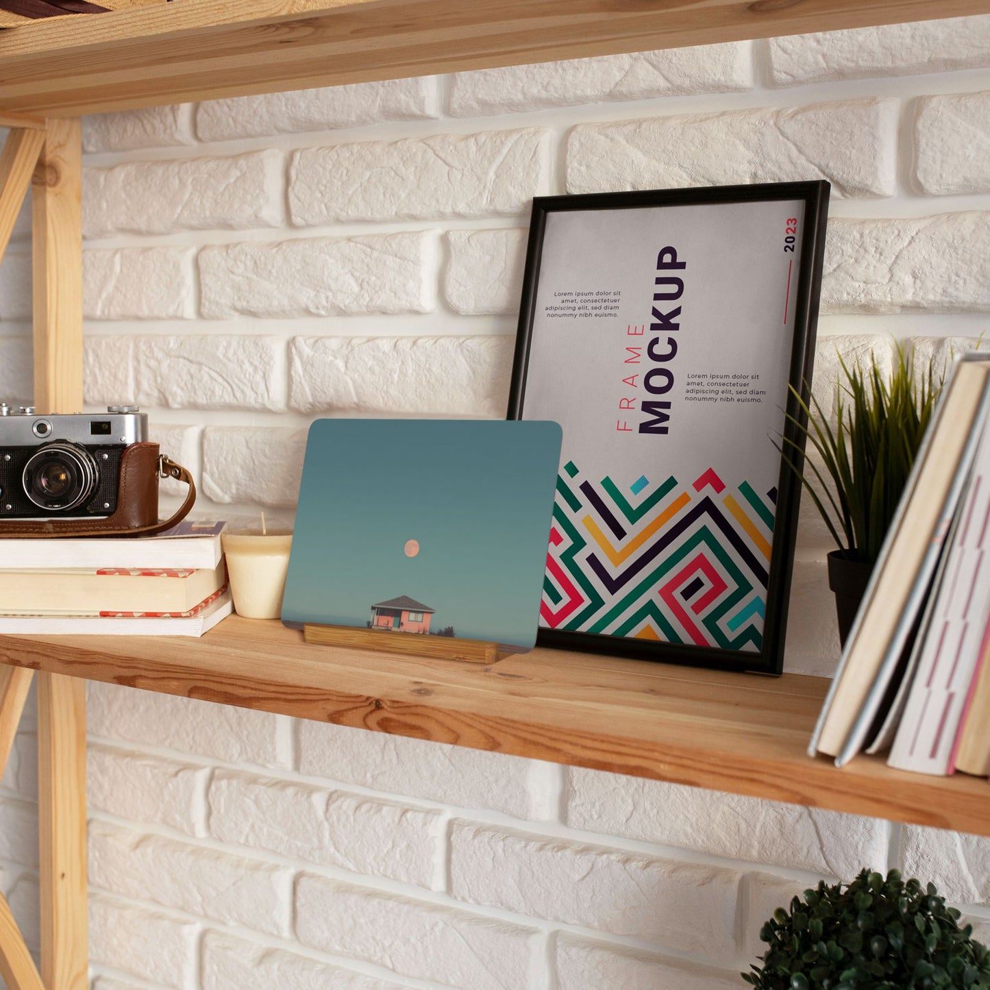 Pink House Under the Moon – Horizontal Metal Photo Plaque with Wooden Stand, Minimalist Tabletop Display