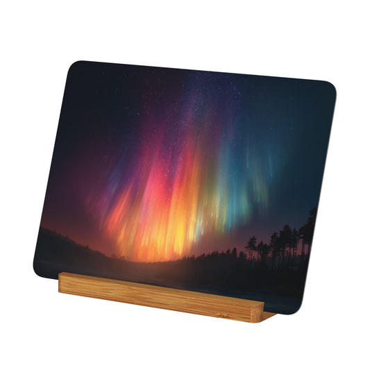 Aurora Nightscape Metal Photo Display – Horizontal Aluminum Print with Wooden Stand for Desk & Home Decor