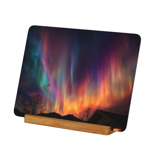 Aurora Borealis Metal Photo Display – Horizontal Aluminum Artwork with Wooden Stand, Night Sky Table Decor