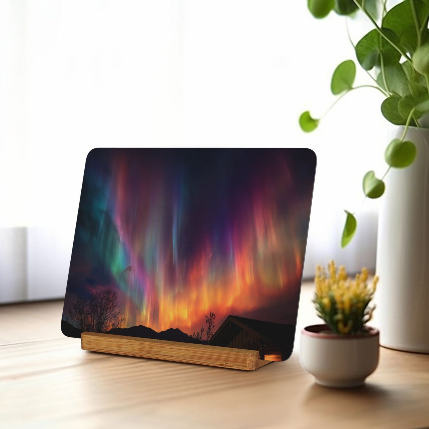 Aurora Borealis Metal Photo Display – Horizontal Aluminum Artwork with Wooden Stand, Night Sky Table Decor