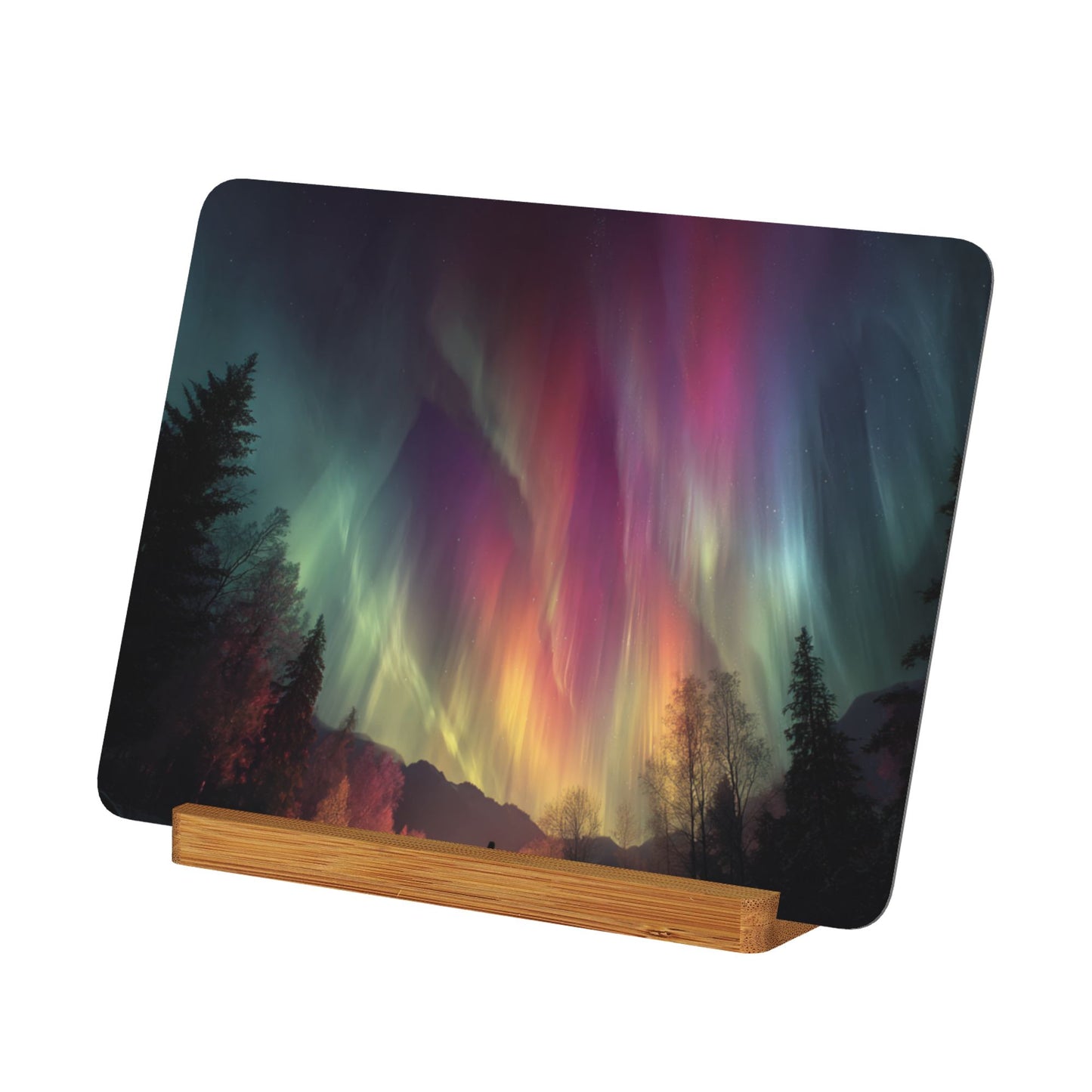 Dreamy Aurora Landscape – Horizontal Metal Photo Plaque with Solid Wood Base, Tabletop Art Decor