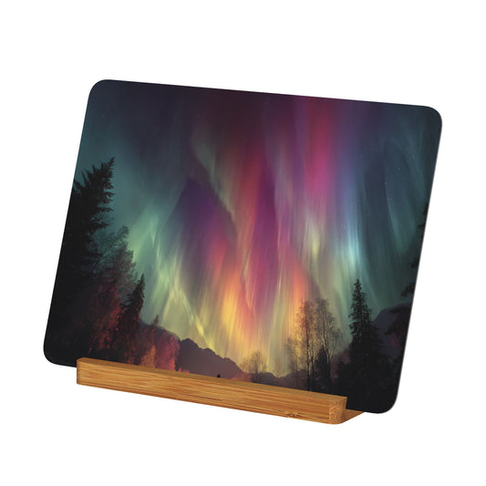 Dreamy Aurora Landscape – Horizontal Metal Photo Plaque with Solid Wood Base, Tabletop Art Decor
