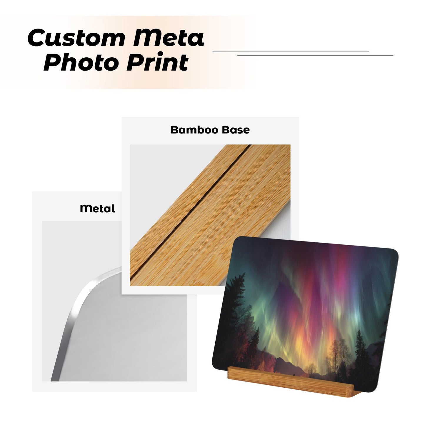 Dreamy Aurora Landscape – Horizontal Metal Photo Plaque with Solid Wood Base, Tabletop Art Decor