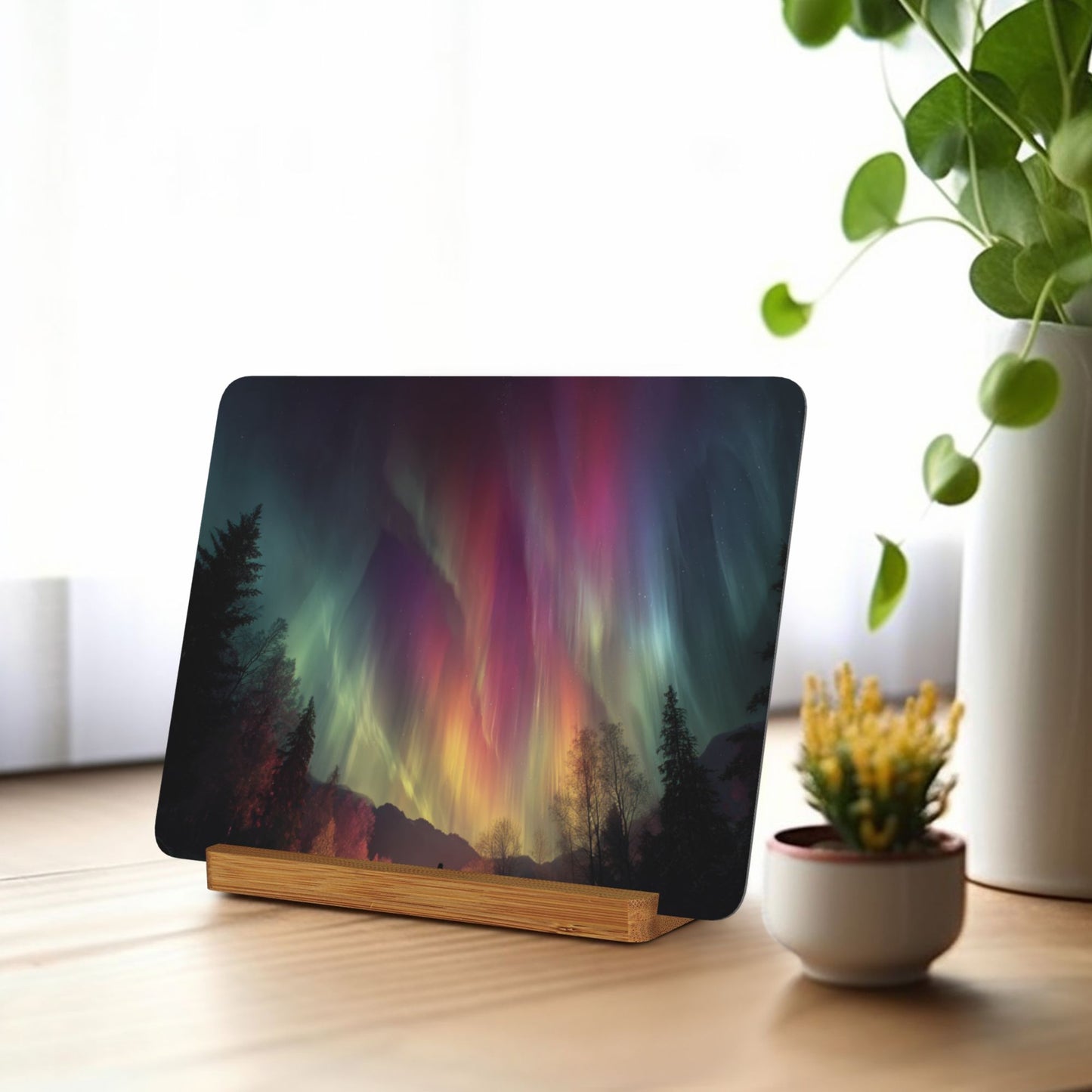 Dreamy Aurora Landscape – Horizontal Metal Photo Plaque with Solid Wood Base, Tabletop Art Decor