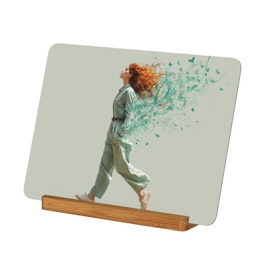 Artistic Female Figure Metal Photo Display – Horizontal Aluminum Print with Wooden Base, Feminine Modern Desk Decor