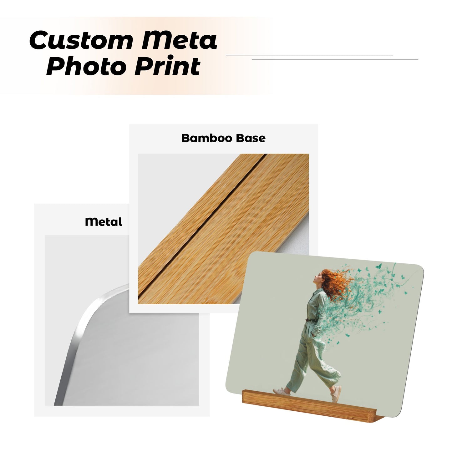 Artistic Female Figure Metal Photo Display – Horizontal Aluminum Print with Wooden Base, Feminine Modern Desk Decor