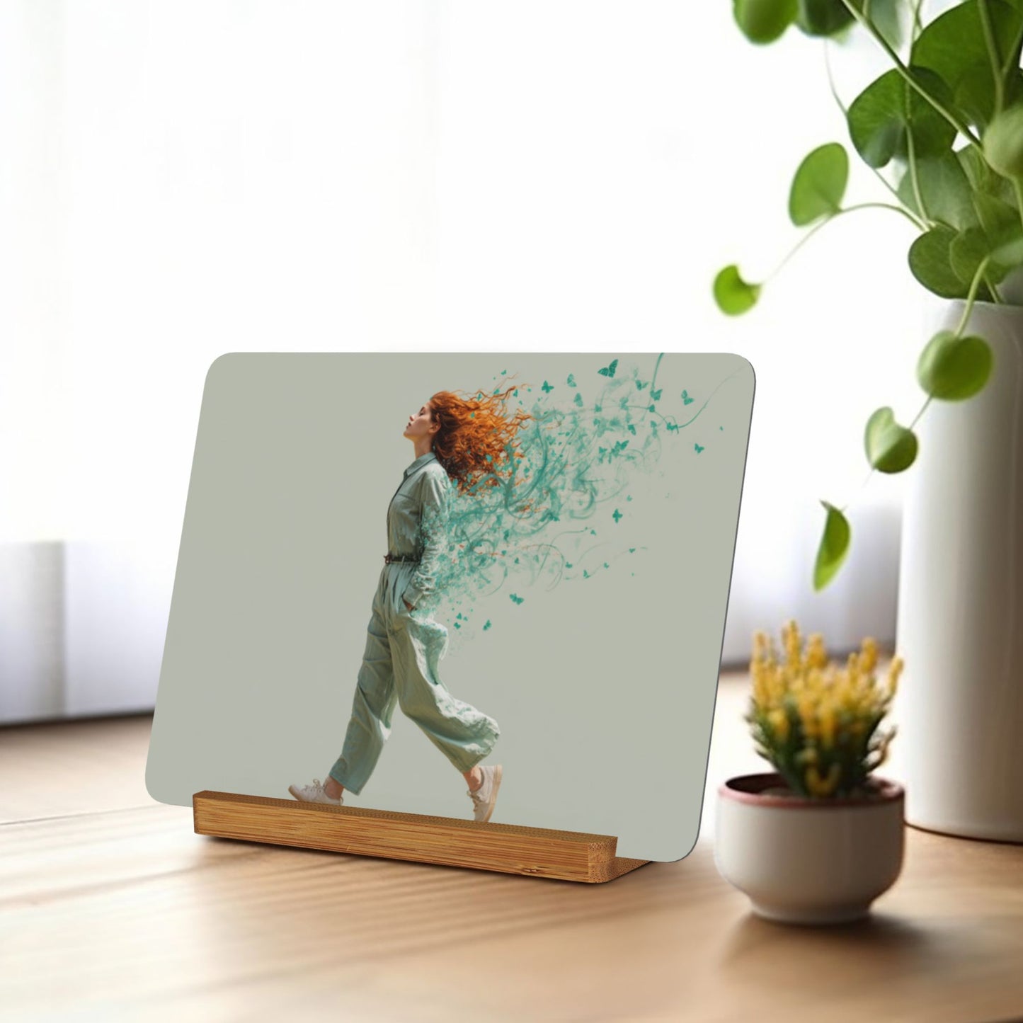 Artistic Female Figure Metal Photo Display – Horizontal Aluminum Print with Wooden Base, Feminine Modern Desk Decor