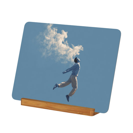 Levitating Figure Metal Photo Display – Horizontal Matte Aluminum Art Print with Wooden Stand, Minimalist Surreal Decor