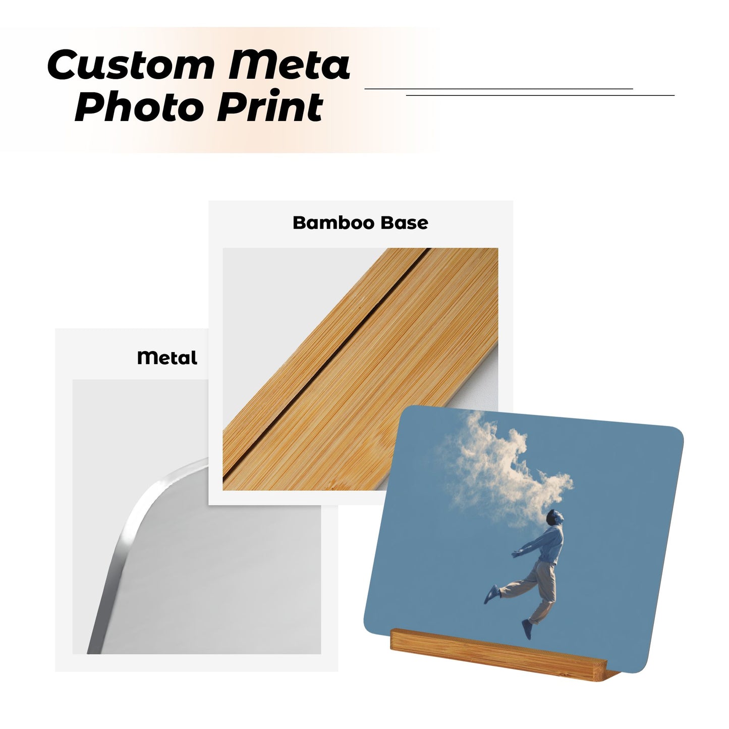 Levitating Figure Metal Photo Display – Horizontal Matte Aluminum Art Print with Wooden Stand, Minimalist Surreal Decor