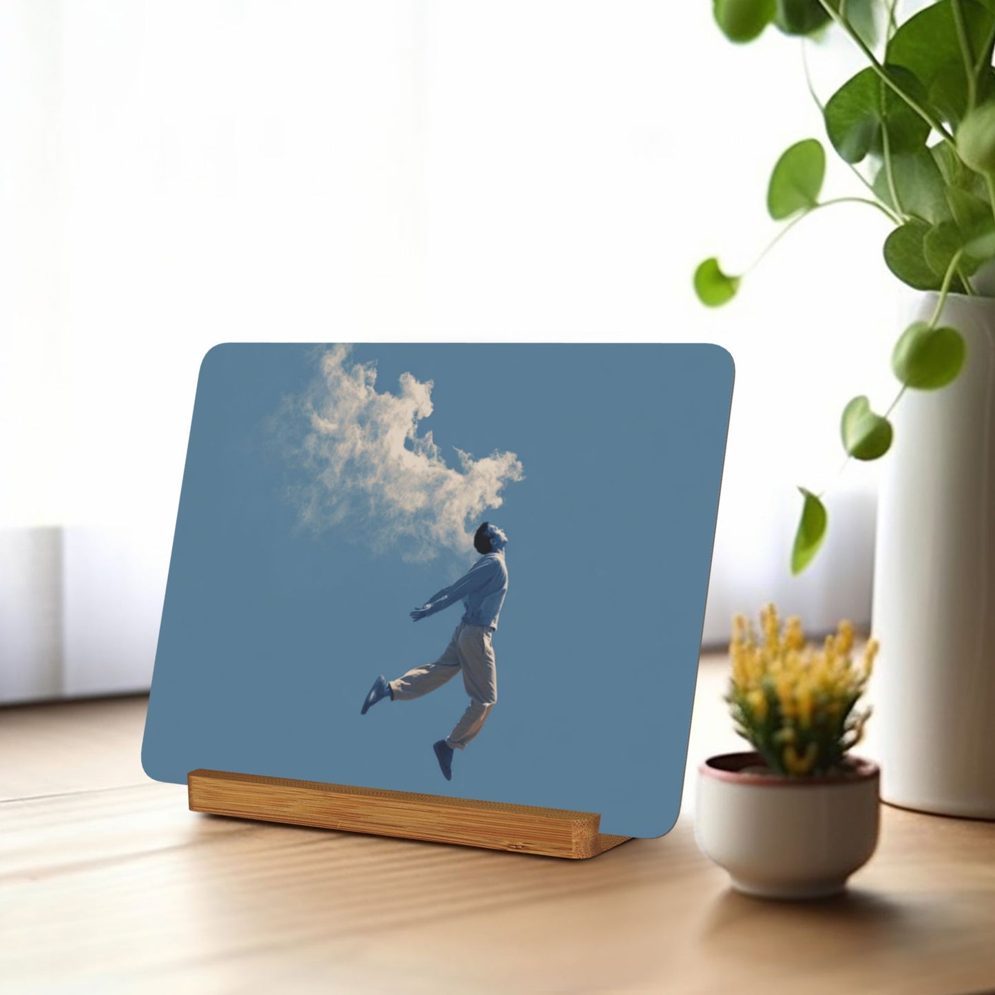 Levitating Figure Metal Photo Display – Horizontal Matte Aluminum Art Print with Wooden Stand, Minimalist Surreal Decor