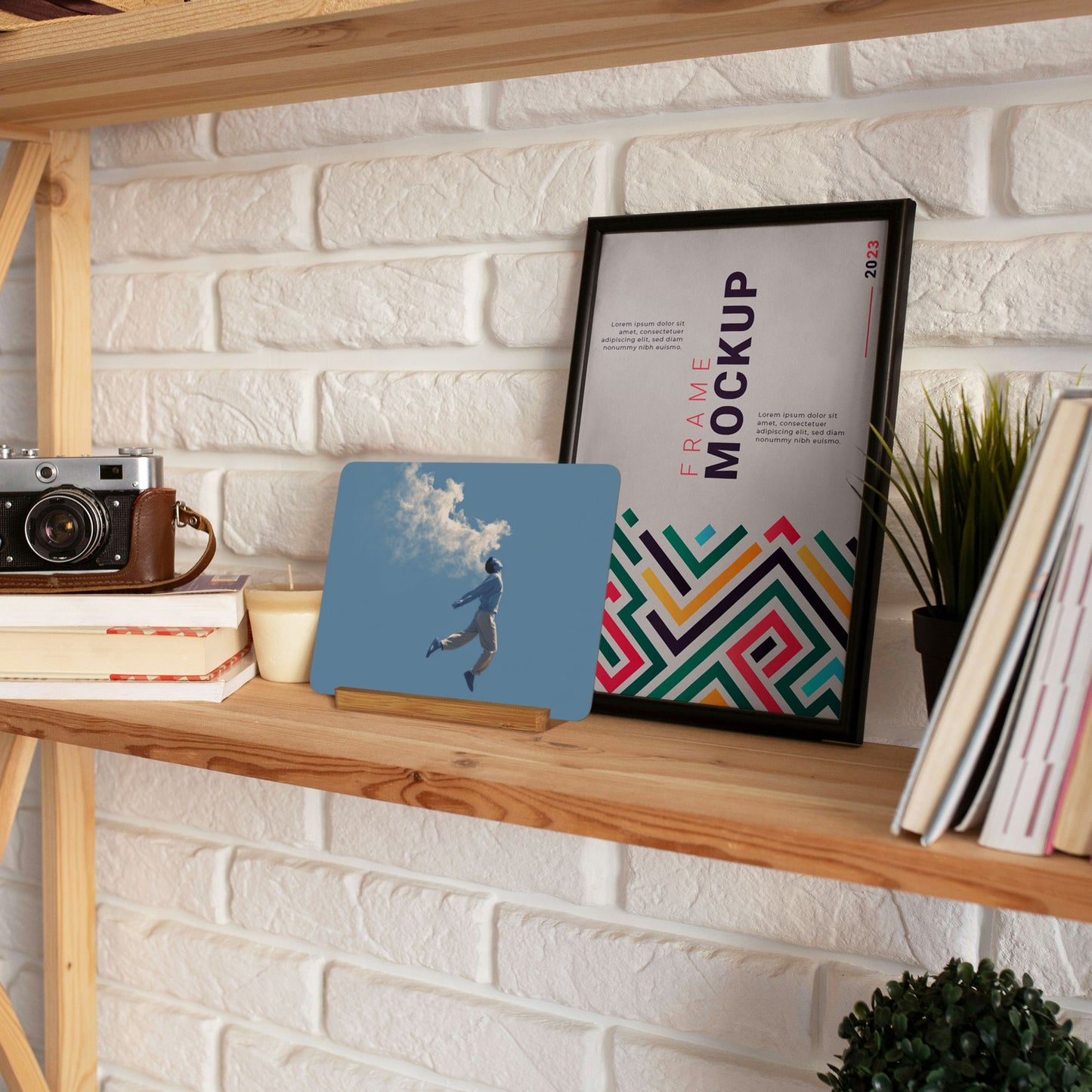 Levitating Figure Metal Photo Display – Horizontal Matte Aluminum Art Print with Wooden Stand, Minimalist Surreal Decor