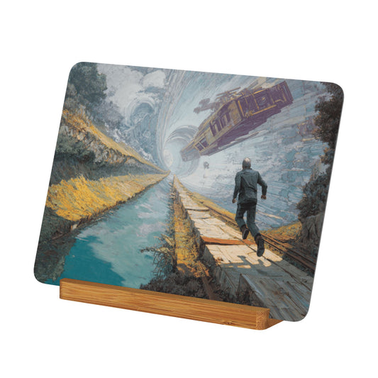 Surreal Time-Tunnel Metal Photo Display – Horizontal Fantasy Aluminum Art Print with Wooden Stand, Sci-Fi Decor