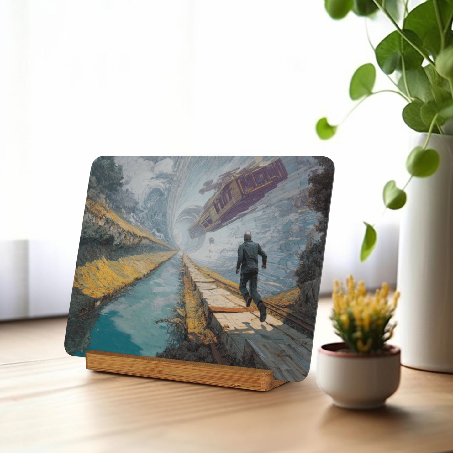 Surreal Time-Tunnel Metal Photo Display – Horizontal Fantasy Aluminum Art Print with Wooden Stand, Sci-Fi Decor