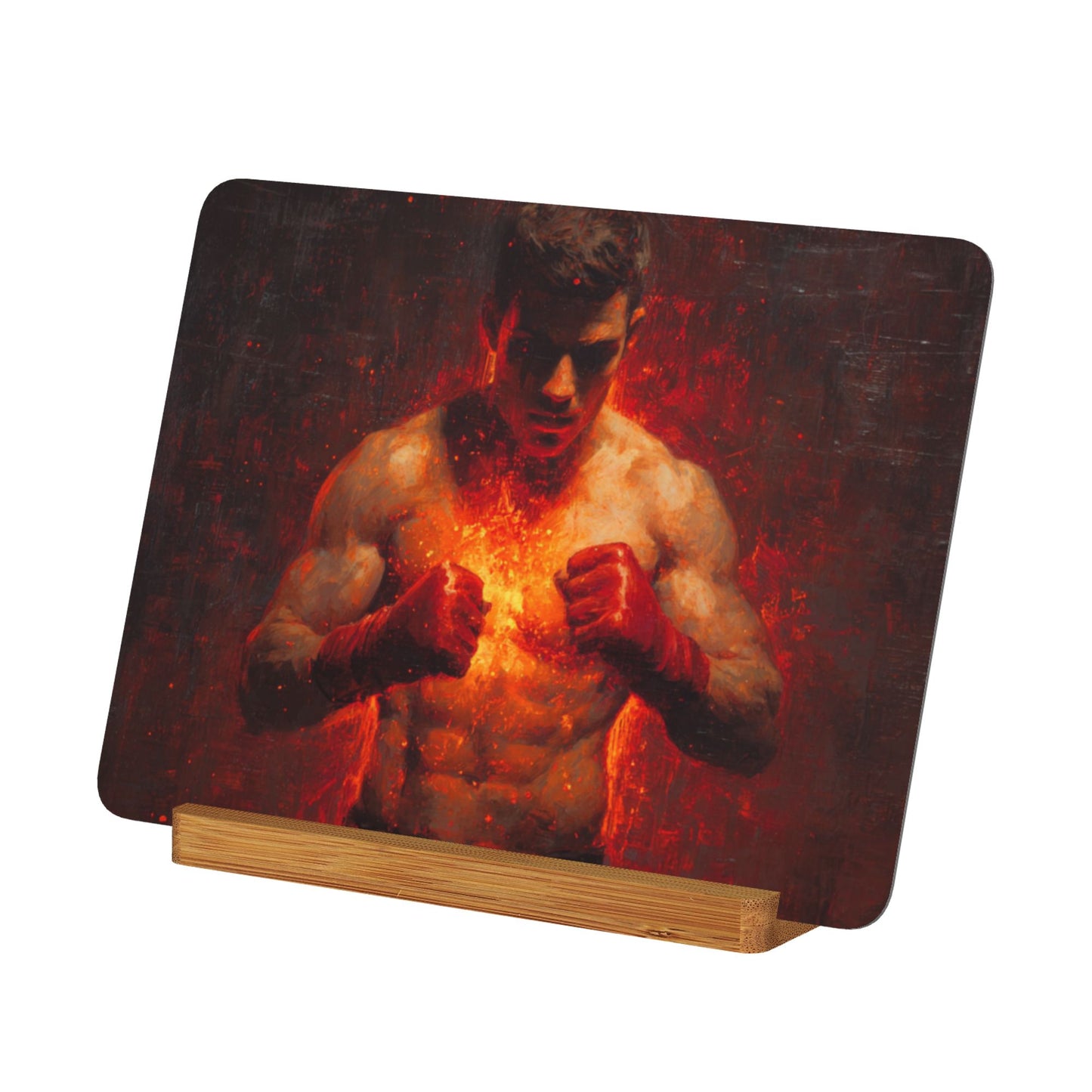Flaming Boxer Metal Photo Display – Horizontal Aluminum Motivational Art Print with Wooden Stand, Strength & Power Decor