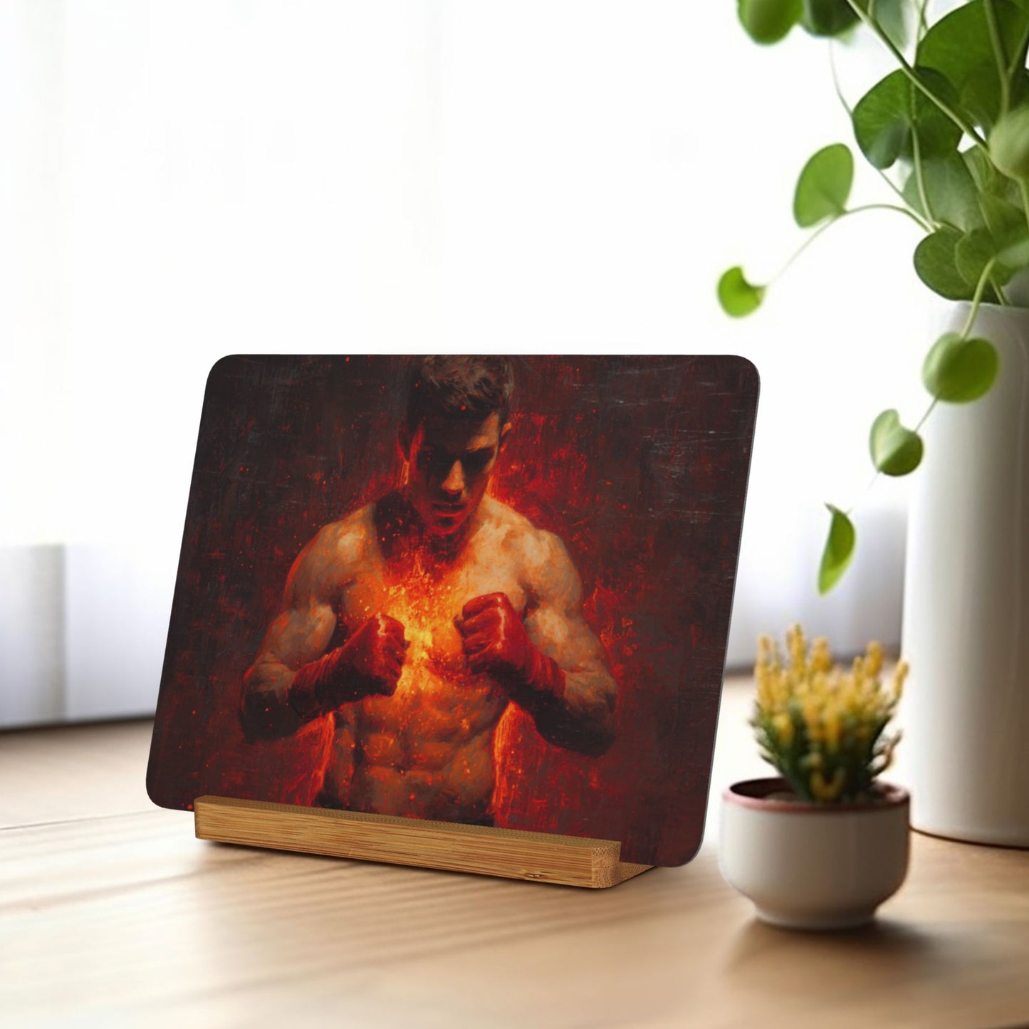 Flaming Boxer Metal Photo Display – Horizontal Aluminum Motivational Art Print with Wooden Stand, Strength & Power Decor