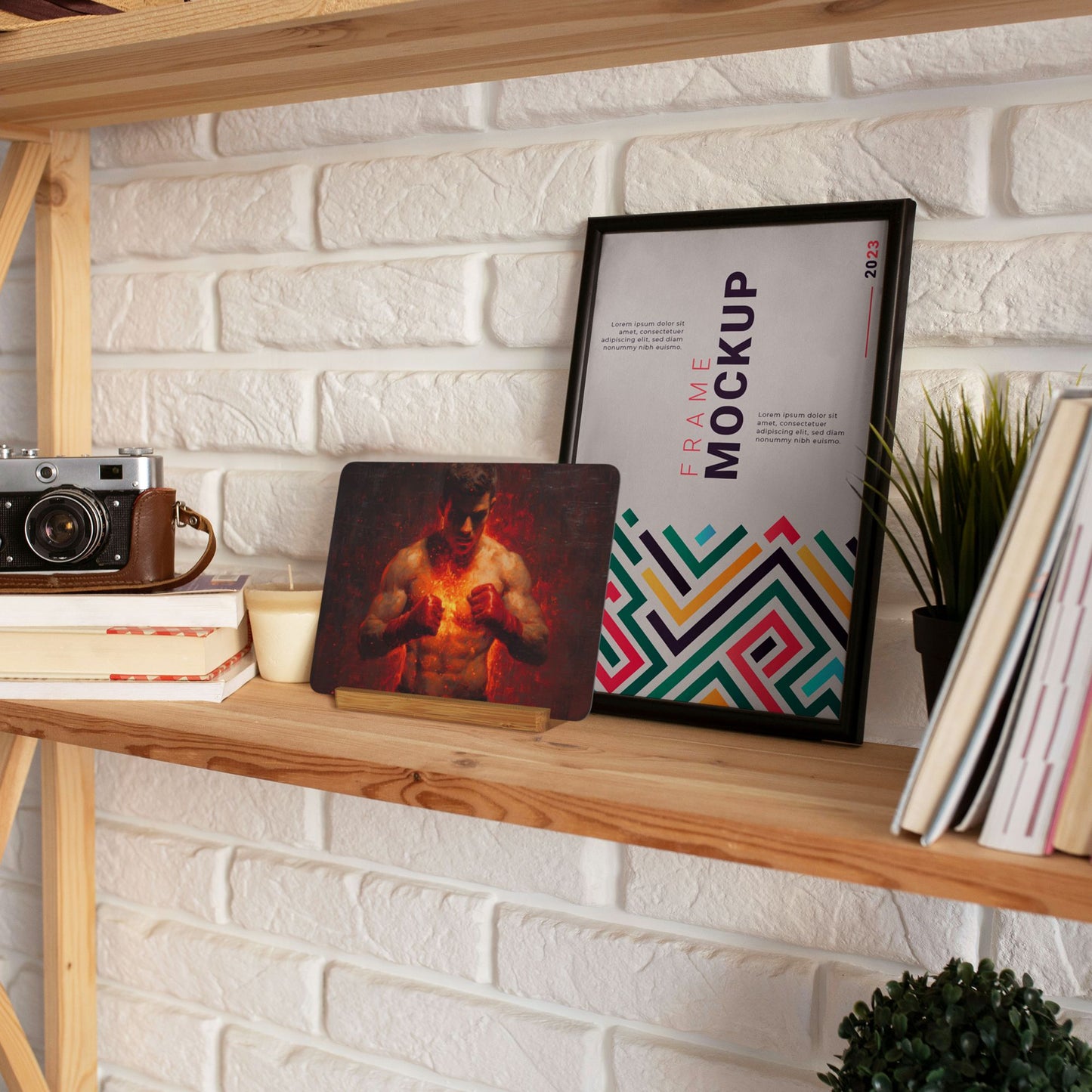 Flaming Boxer Metal Photo Display – Horizontal Aluminum Motivational Art Print with Wooden Stand, Strength & Power Decor