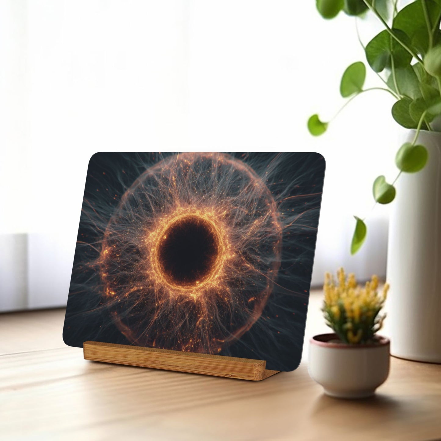 Cosmic Energy Core Metal Photo Display – Horizontal Sci-Fi Matte Aluminum Print with Wooden Stand, Futuristic Desk Decor