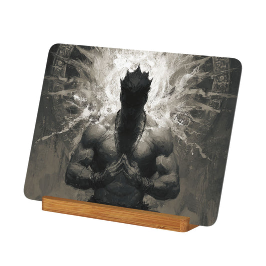 Meditative Warrior Metal Photo Display – Horizontal Strength & Focus Aluminum Print with Wooden Stand, Martial Zen Desk Decor