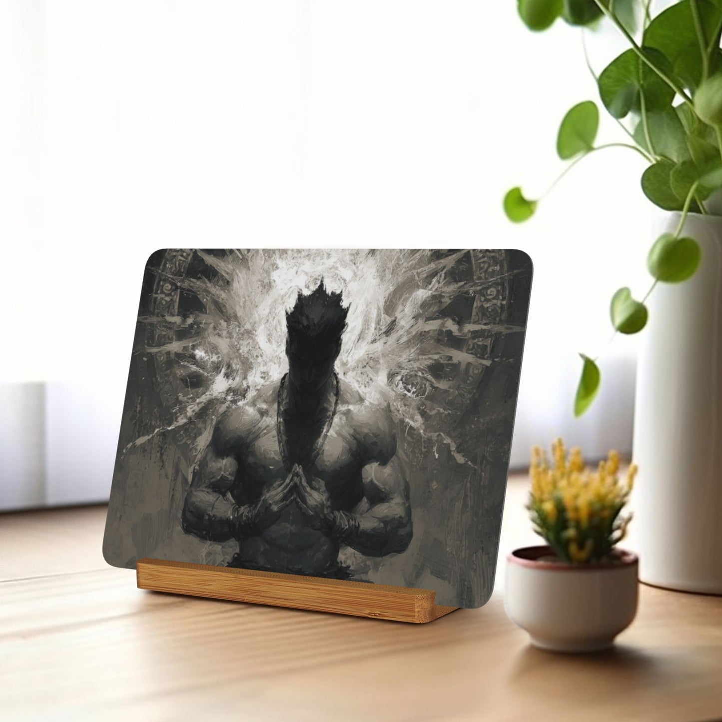 Meditative Warrior Metal Photo Display – Horizontal Strength & Focus Aluminum Print with Wooden Stand, Martial Zen Desk Decor